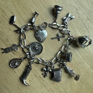 VTG Charm‎ Bracelet 6.5 Inch Sport Western Cross Heart Travel 925 Sterling 37.6g